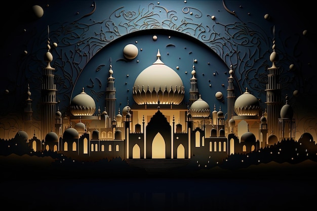 Ilustração capturando a beleza de uma mesquita iluminada pela lua durante o Eid com detalhes e motivos islâmicos