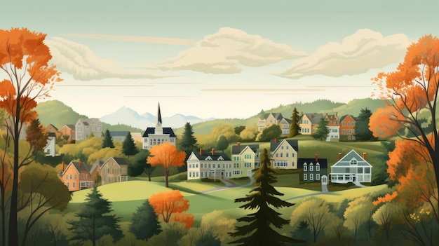 Ilustração caricatural de Woodbury Connecticut com casas encantadoras e montanhas serenas