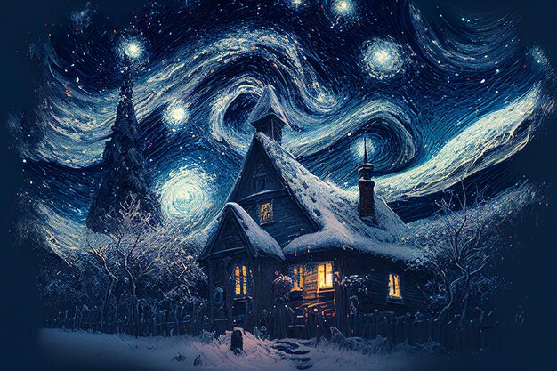 Ilustração casa de pintura a óleo e neve no céu estrelado inverno Criado com tecnologia Generative AI