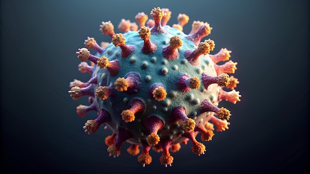 Ilustração cativante da estrutura 3D do vírus destacando a cápside e os picos em cores contrastantes