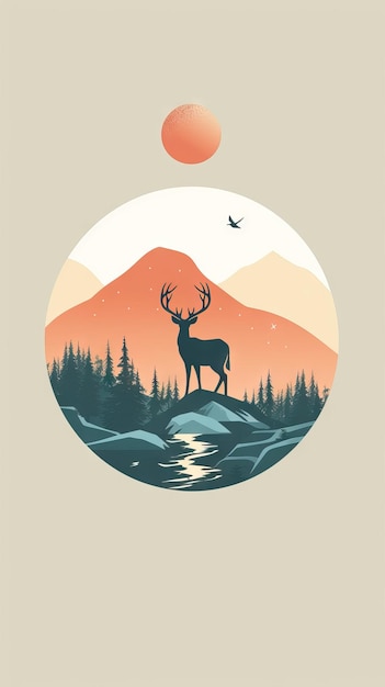 Ilustração cervo minimalista em pé em uma aventura de cume de montanha e conceito de montanha