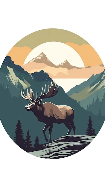 Ilustração cervo minimalista em pé em uma aventura de cume de montanha e conceito de montanha