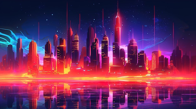 Ilustração Cidade de néon à noite com luzes de néon coloridas brilhantes