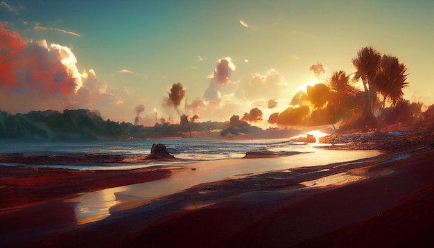 Ilustração cinematográfica de ambiente de pôr do sol de praia
