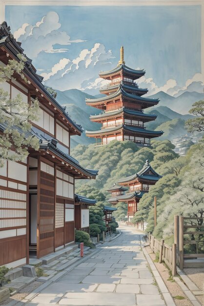 Ilustração clássica da paisagem da cidade de Kyoto