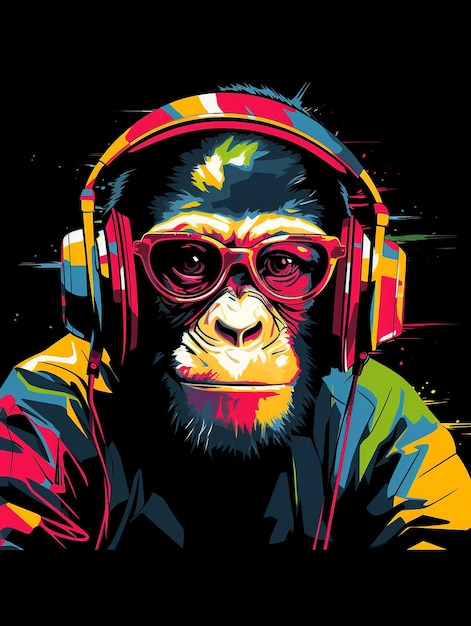 Ilustração colorida cara de DJ Monkey usando fone de ouvido