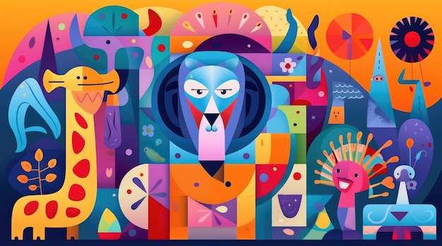 Ilustração colorida com animais fofos no estilo cubismo para o dia das crianças