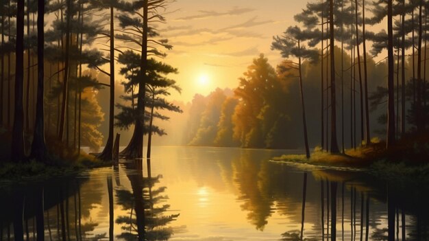 Ilustração colorida com uma paisagem de um lago na floresta