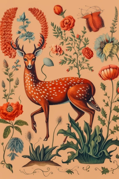 Ilustração colorida da flora e da fauna