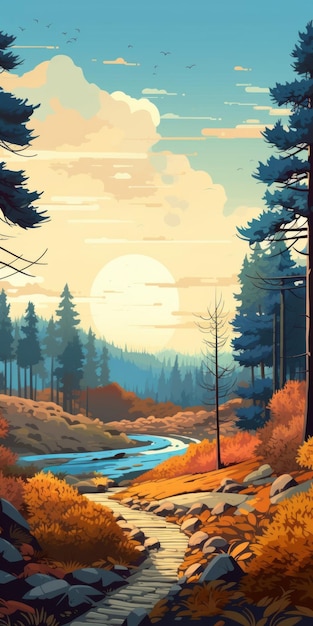 Ilustração colorida da floresta de outono com riacho e montanha