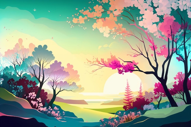 Ilustração colorida da paisagem de primavera com flores desabrochando e nascer do sol