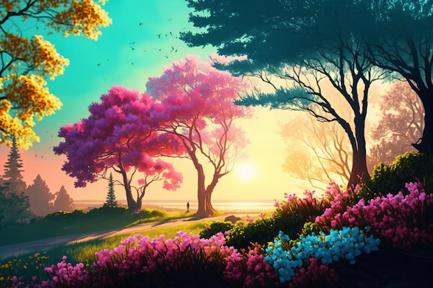 Ilustração colorida da paisagem de primavera com flores desabrochando e nascer do sol