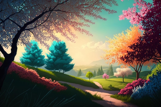 Ilustração colorida da paisagem de primavera com flores desabrochando e nascer do sol