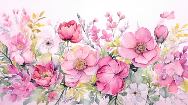 Ilustração colorida de arranjo floral aquarela em fundo abstrato rosa perfeito para o verão