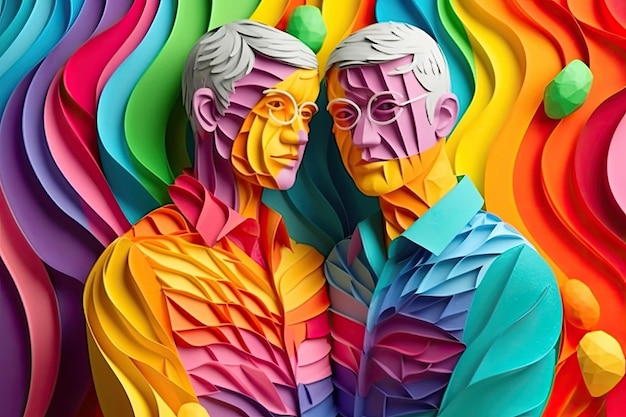 Ilustração colorida de casal LGBTQ em 3D Papercut para o Dia do Orgulho LGBTQ