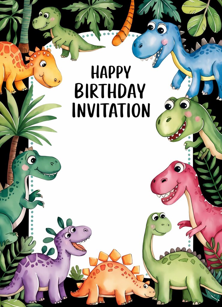Foto ilustração colorida de dinossauro com "convite de feliz aniversário"
