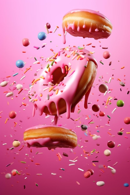 Foto ilustração colorida de donuts levitando com salpicaduras e doces sobre fundo rosa
