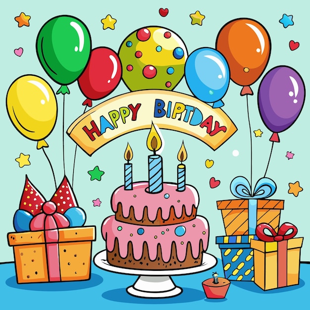 Ilustração colorida de Feliz Aniversário Balões bolo e presentes