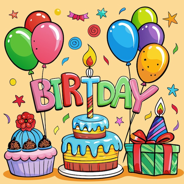 Ilustração colorida de Feliz Aniversário Balões bolo e presentes
