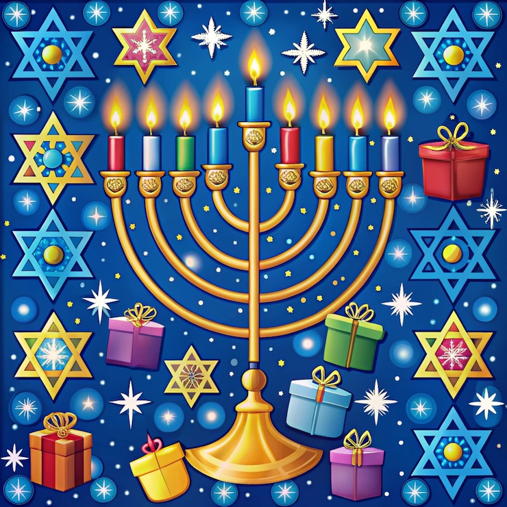 Foto ilustração colorida de feliz hanukkah com dreidels de menorá e estrelas