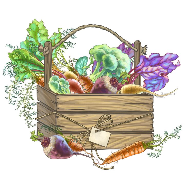 Foto ilustração colorida de legumes em uma caixa