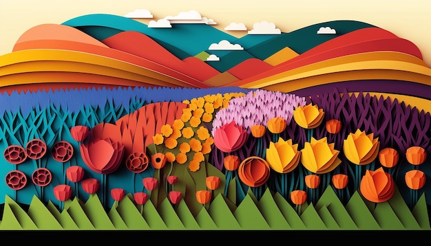 ilustração colorida de primavera de corte de papel de campos de flores IA generativa