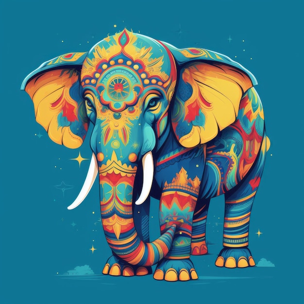 Ilustração colorida de um elefante em fundo azul