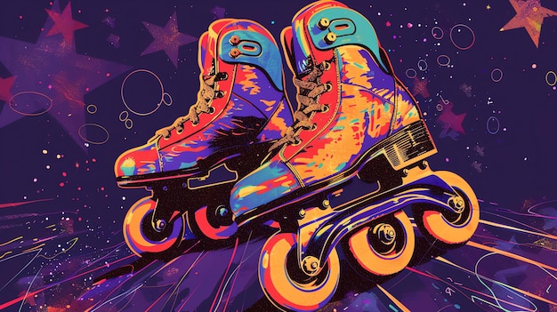 Ilustração colorida de um par de patins com uma vibração retro dos anos 80