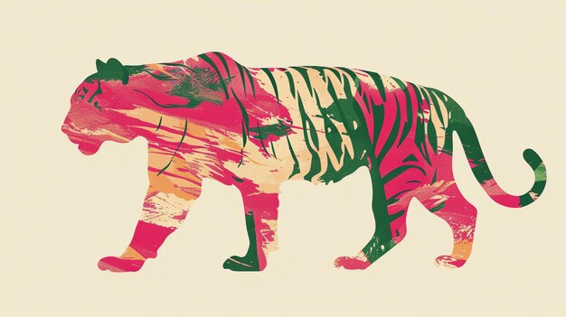 Foto ilustração colorida de um tigre caminhando o tigre é feito de vários tons de rosa verde e amarelo