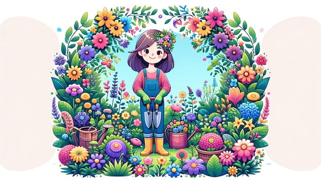 Foto ilustração colorida de um vetor de uma mulher bonita cercada por um jardim vibrante cheio de flores