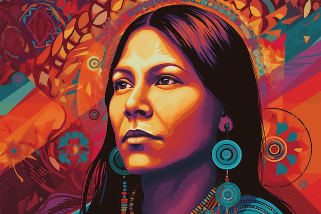 Foto ilustração colorida de uma mulher indígena
