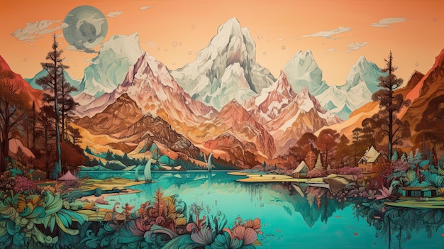Ilustração colorida de uma paisagem natural montanhas e um lago no verão Generative AI