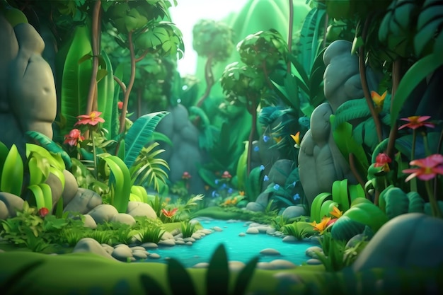 Ilustração colorida dos desenhos animados da selva de uma floresta