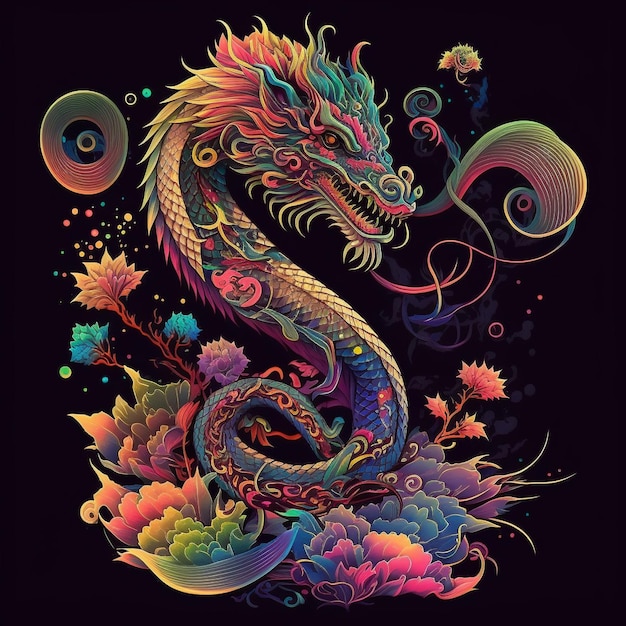 Ilustração colorida e fofa de dragão chinês de fantasia mágica