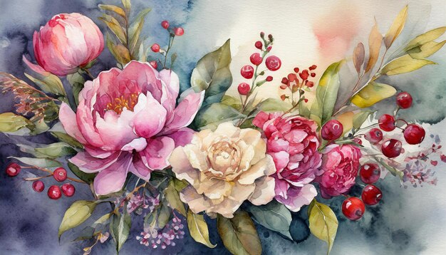 Ilustração colorida em aquarela de belas flores de primavera Cartão desenhado à mão