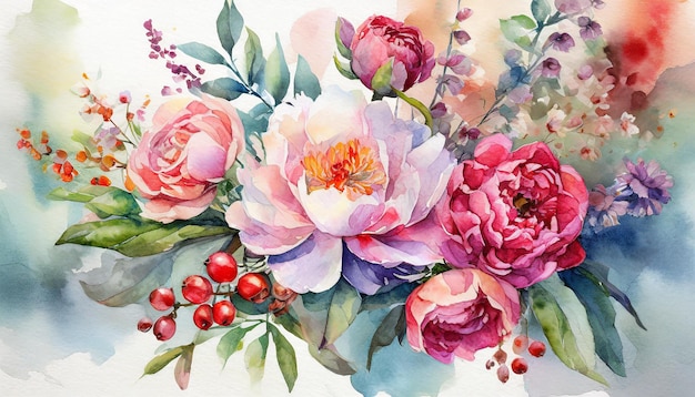 Ilustração colorida em aquarela de belas flores de primavera Cartão desenhado à mão