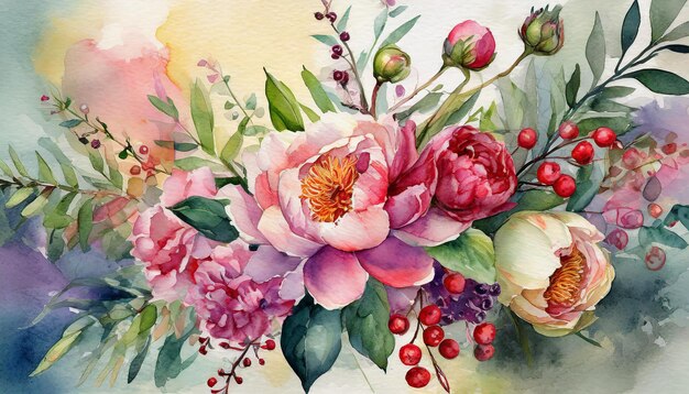 Ilustração colorida em aquarela de belas flores de primavera Cartão desenhado à mão