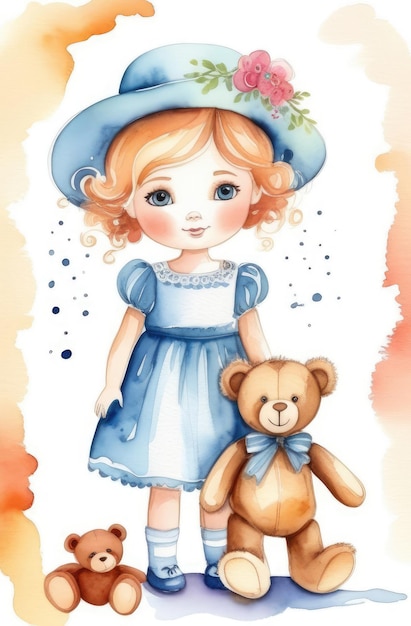 Foto ilustração colorida em aquarela em branco menina bonita em vestido azul bonito com brinquedo de urso de pelúcia