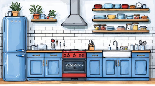 Ilustração colorida em estilo de arte de linha da moda de uma cozinha cheia de móveis modernos, eletrodomésticos, utensílios de cozinha, equipamentos de cozinha e decorações