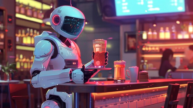 Ilustração colorida Revolucionando o jantar o garçom robô carregando bebidas