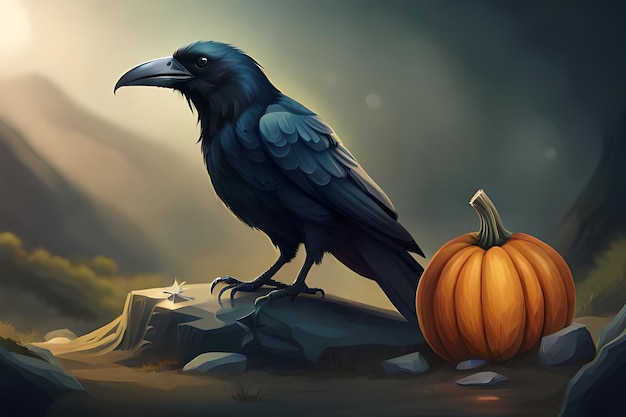 Foto ilustração com corvo e abóboras em um tema de halloween