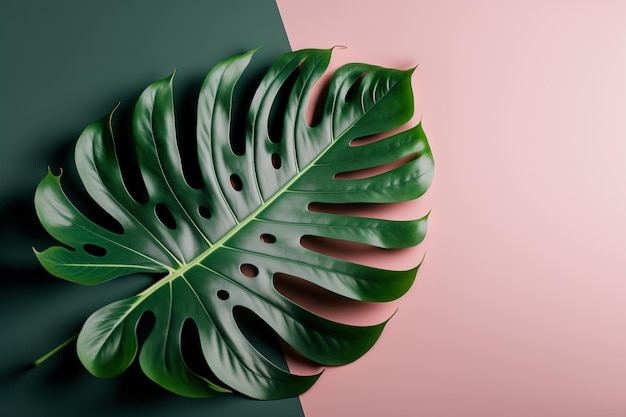 Ilustração com folhas de monstera em um fundo rosa com espaço para texto