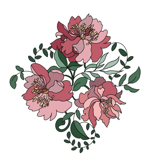 Ilustração com peônias e folhas cor-de-rosa