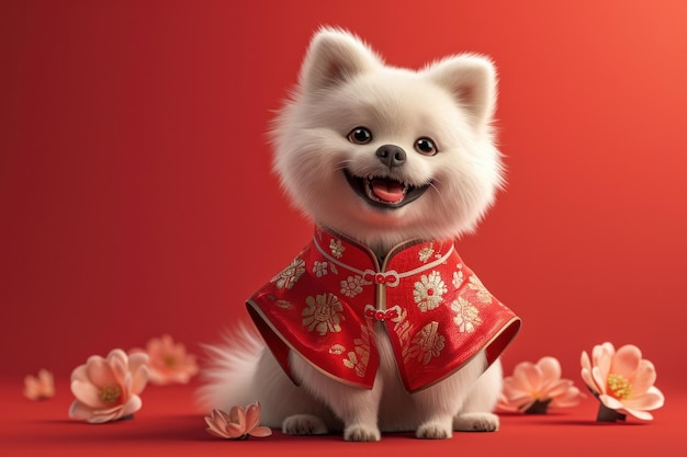 Ilustração com um cão bonito da Pomerânia branca adornado com trajes tradicionais chineses