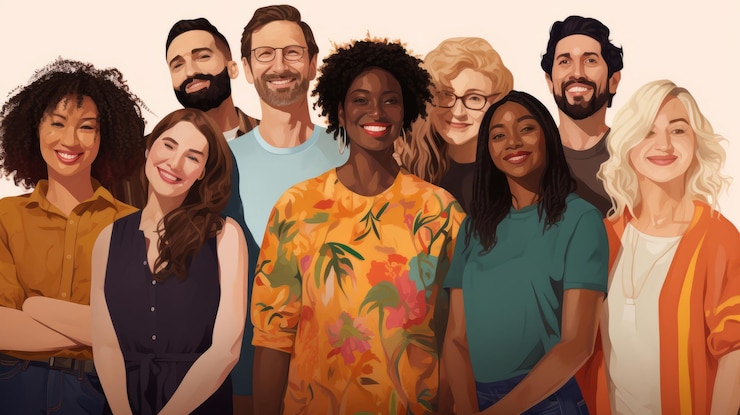 Foto ilustração com um grupo diversificado de indivíduos representando várias etnias