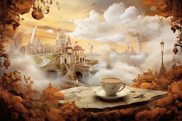 Ilustração com uma xícara de café em um mundo de fantasia