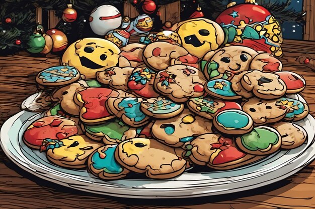 Ilustração cômica de biscoitos de Natal coloridos em um pano de fundo de Natal