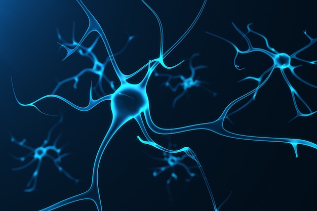 Ilustração conceitual de células neuronais com nós de ligação brilhantes. células de sinapse e neurônio enviando sinais químicos elétricos. neurônio de neurônios interconectados com pulsos elétricos, renderização em 3d