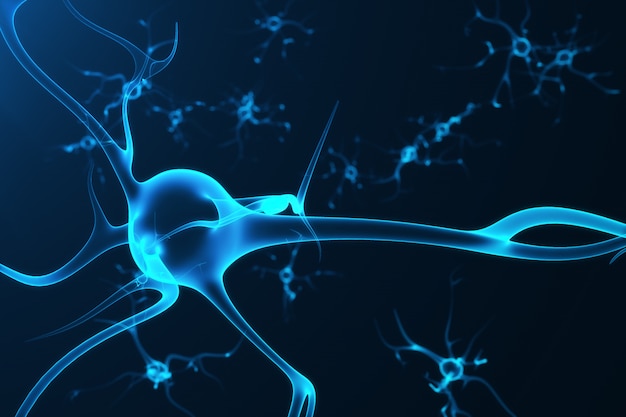 Ilustração conceitual de células neuronais com nós de ligação brilhantes. Células de sinapse e neurônio enviando sinais químicos elétricos. Neurônio de neurônios interconectados com pulsos elétricos, renderização em 3D