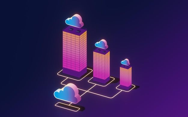 Ilustração conceitual de computação em nuvem renderização em 3d